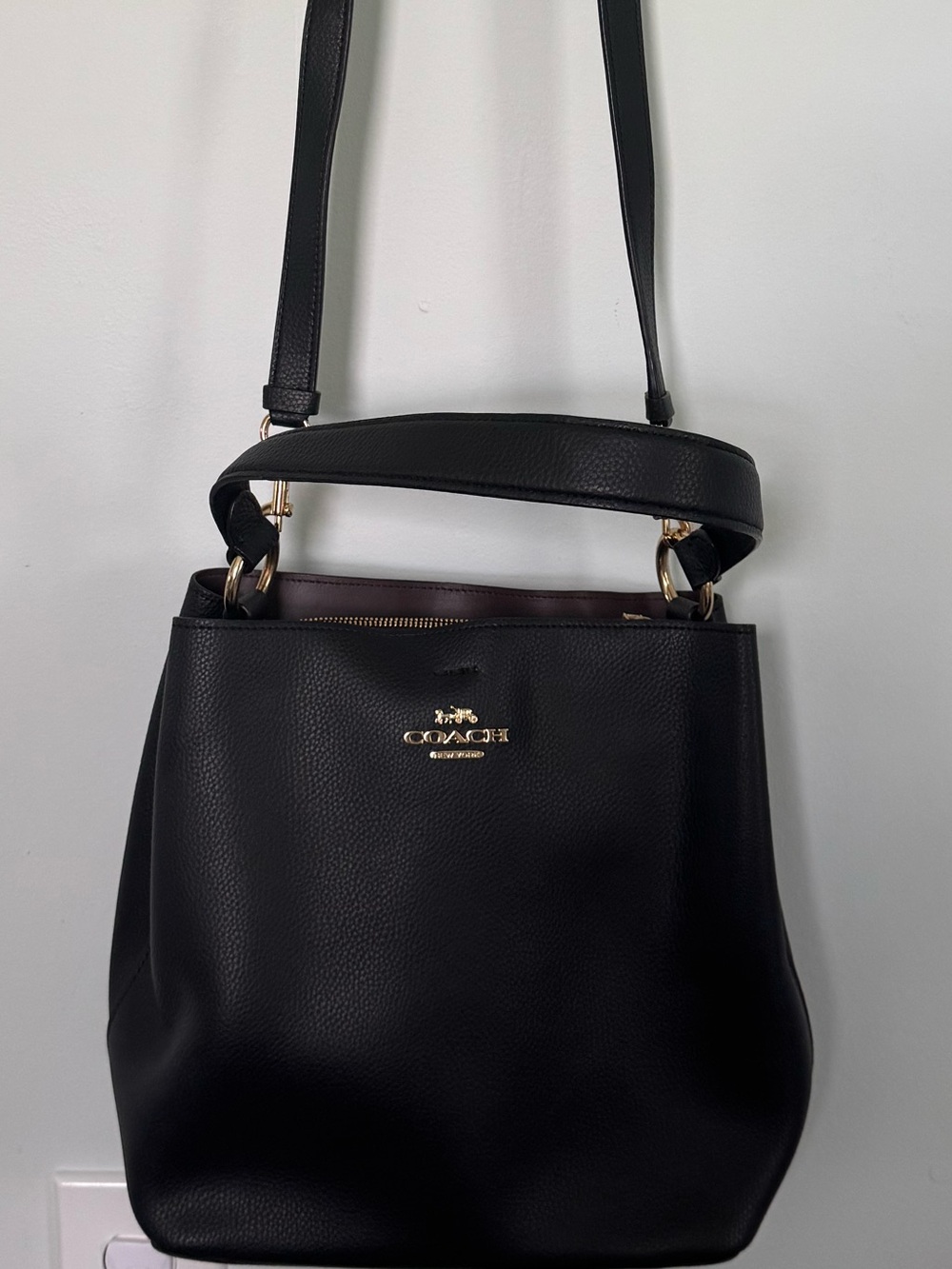 Coach Black Pebbled Leather Bucket Crossbody with Gold Hardware